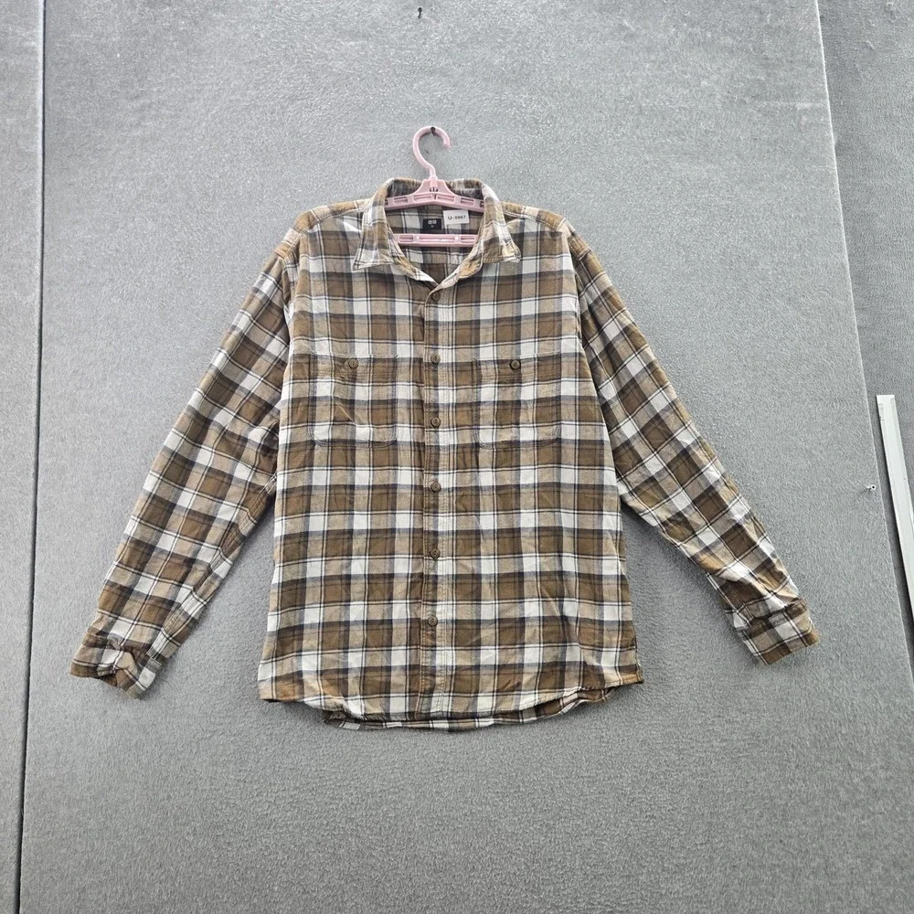 Uniqlo‎ Men Button Up Shirt XL Brown Plaid Flannel Casual Long Sleeve